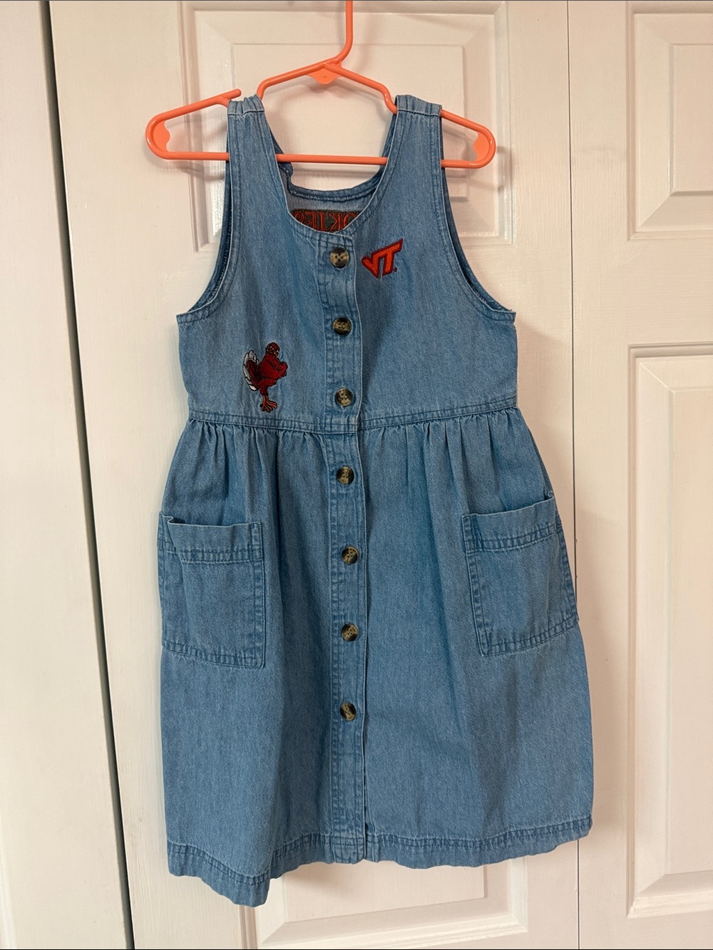 Girls Denim Button-Front Dress with Rooster Patch - Light Blue